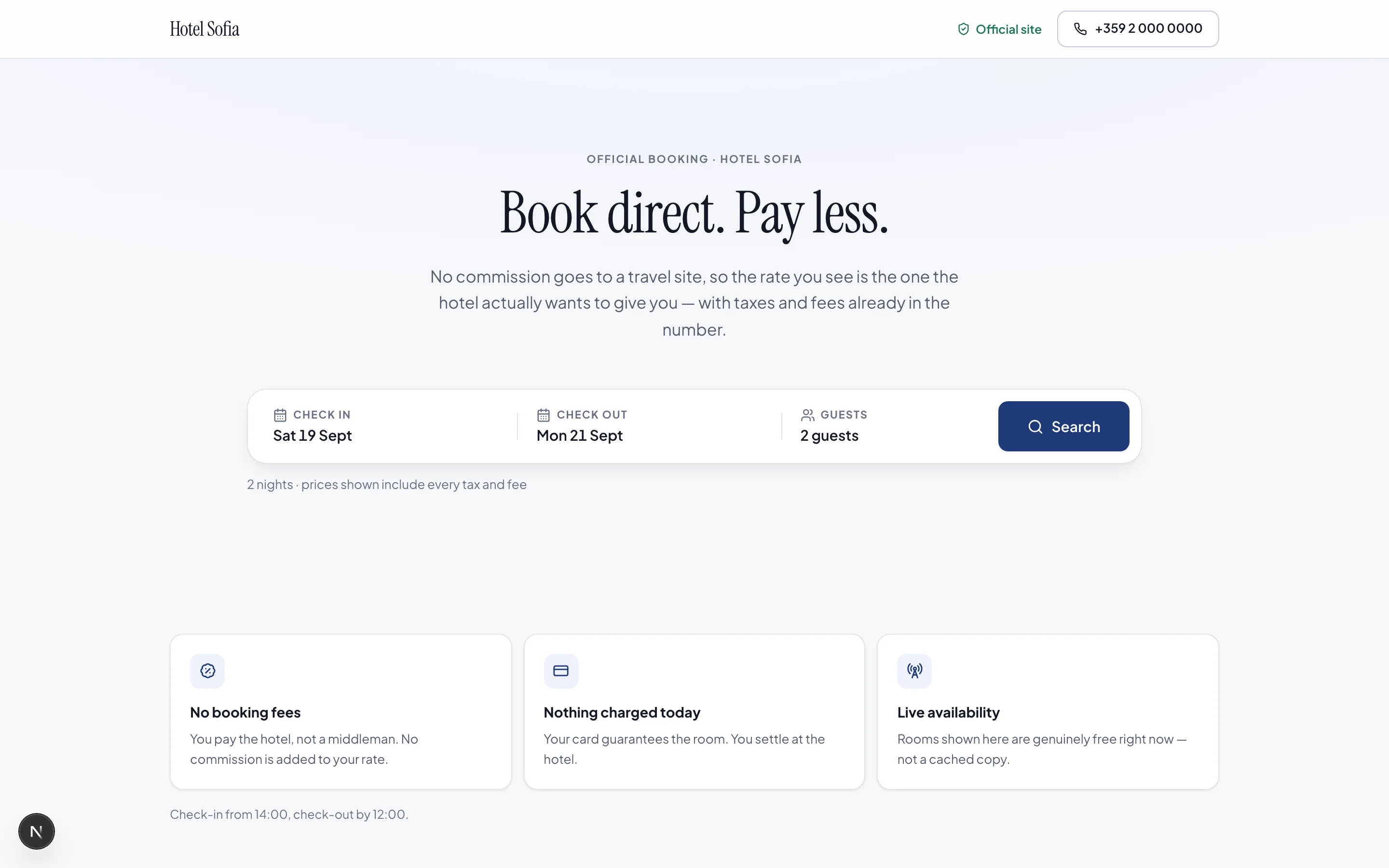 RevioDirect — the hotel's own booking page, showing dates and guests