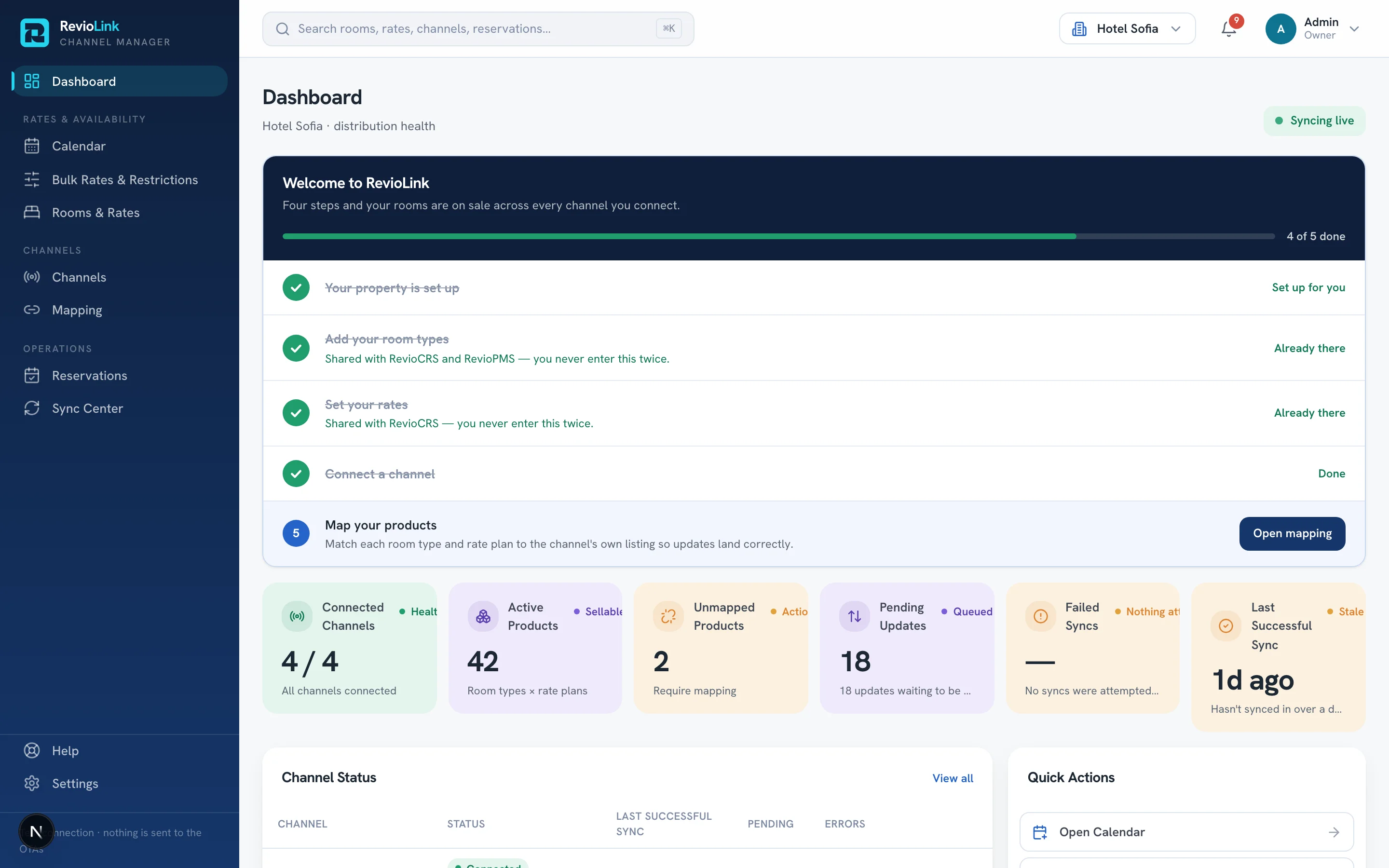 The Revio platform — one shared inventory core across distribution, reservations and operations