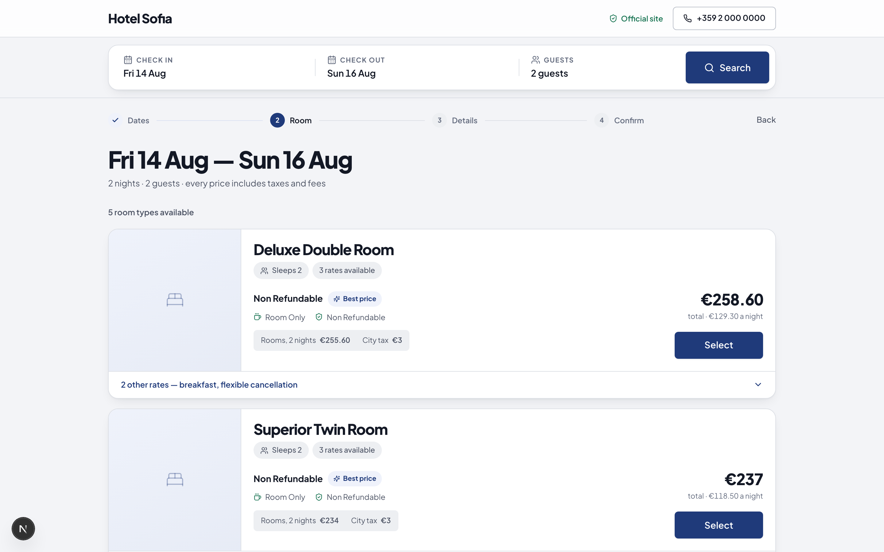 RevioDirect room results — every price shown with taxes and fees already included, and the breakdown on the card