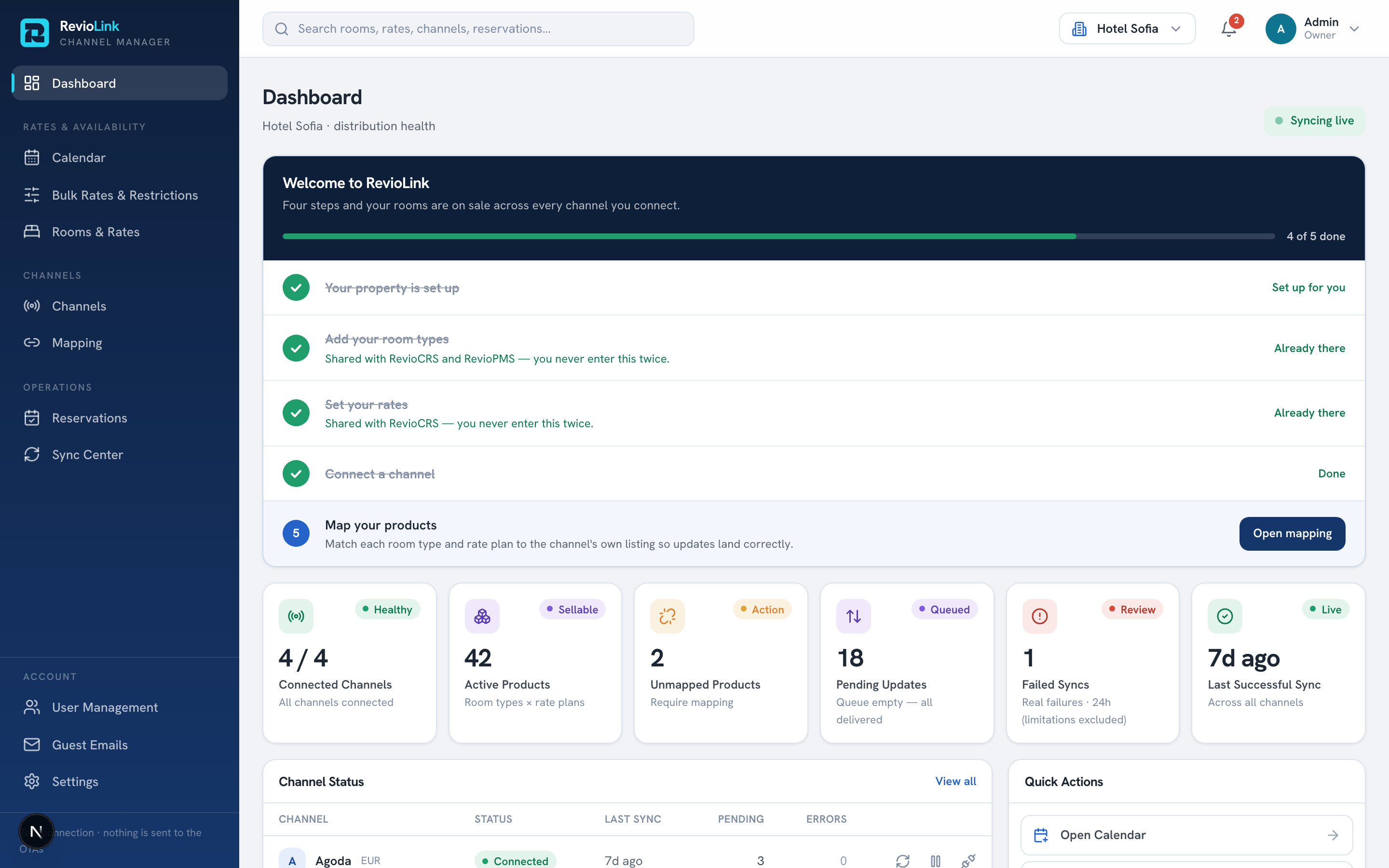 The Revio platform — one shared inventory core across distribution, reservations and operations